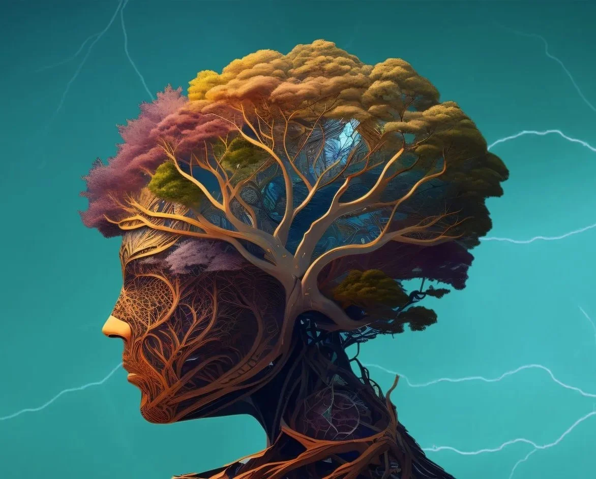A silhouette of a human head with branches and colorful trees growing from it on a teal background.