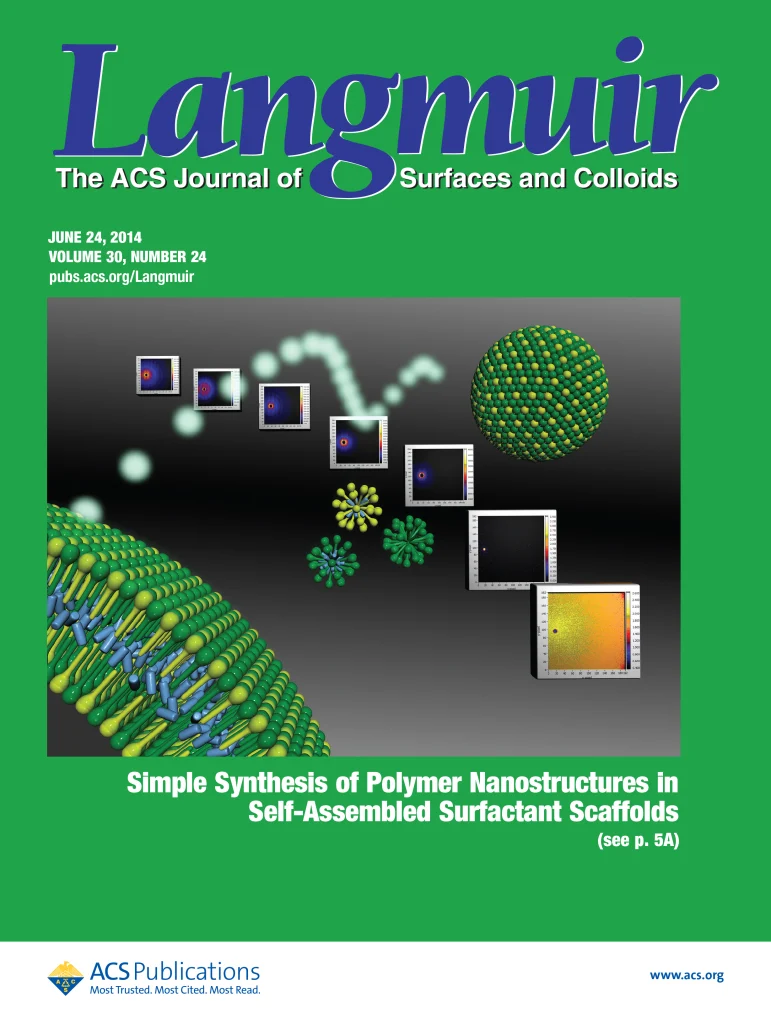 Cover of Langmuir journal featuring polymer nanostructures and colorful scientific illustrations on a green background highlights an article by Professor Richter as the cover story.