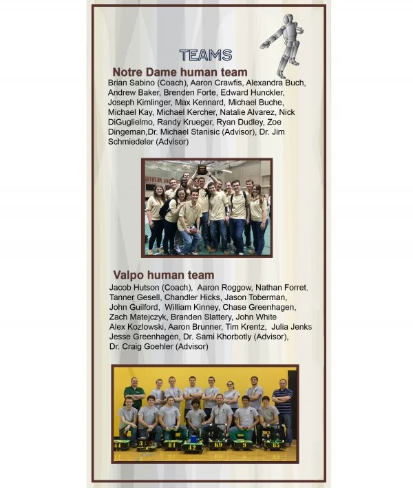 Poster showing two robot competition teams, each with a group photo: Notre Dame at top, Valpo at bottom.