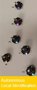 Six small research robots with lit LEDs are arranged on a surface; text reads "Autonomous Local Identification.