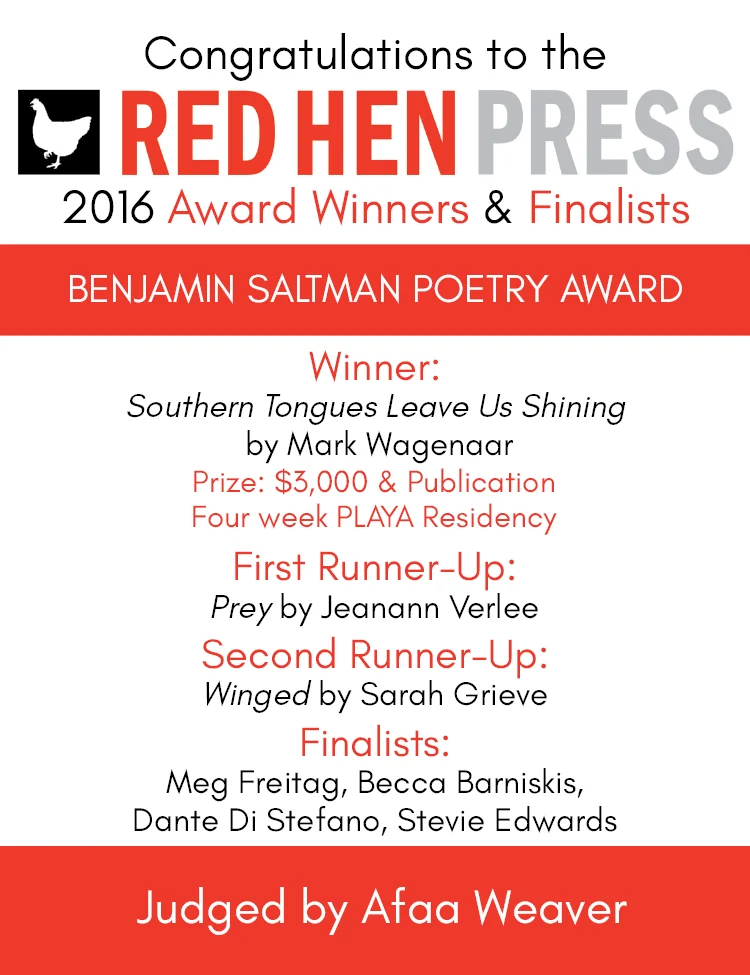 Red Hen Press 2016 Poetry Book Award winners list features the winner, runners-up, finalists, and names of judges like Prof. Wagenaar—all highlighted in this celebrated poetry showcase.