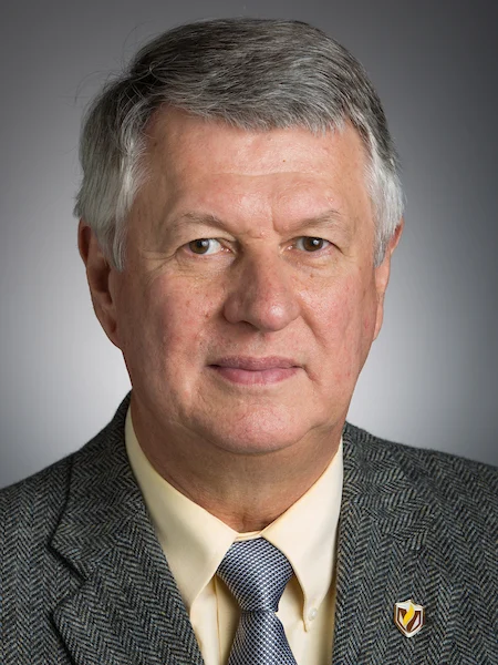 A distinguished man with gray hair in a suit and tie, College of Business professor, poses for a formal portrait against a gray background.