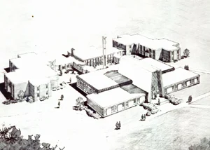 Black and white sketch of a modern, multi-building architectural complex with trees and small figures, capturing the spirit of new beginnings at Christ College.