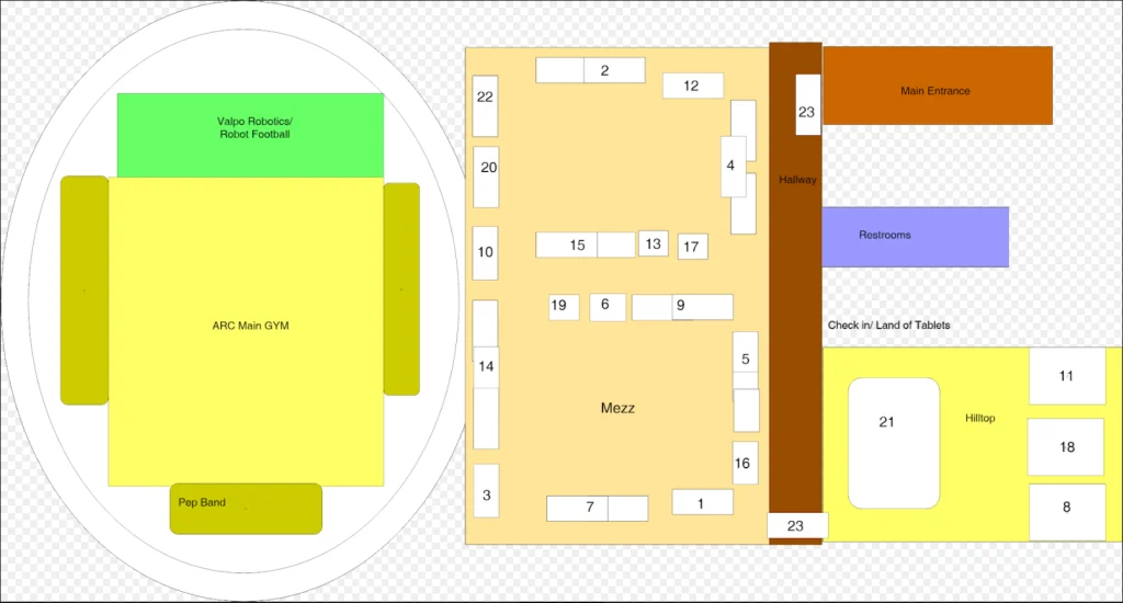 Event floor plan for the 2018 STEM Faire with labeled gym, restrooms, tables, main entrance, hallway, and pop band area.