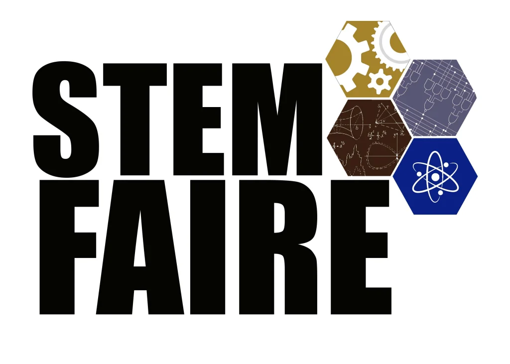 STEM Faire text with hexagons displaying gears, blueprints, math equations, and an atom symbol highlights the excitement of a STEM event.