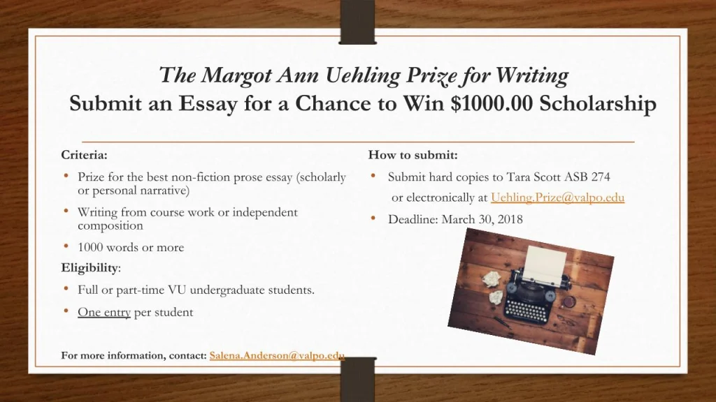 Flyer for the Uehling Prize Essay Contest: submit an essay to win a $1000 scholarship; deadline March 30, 2020.