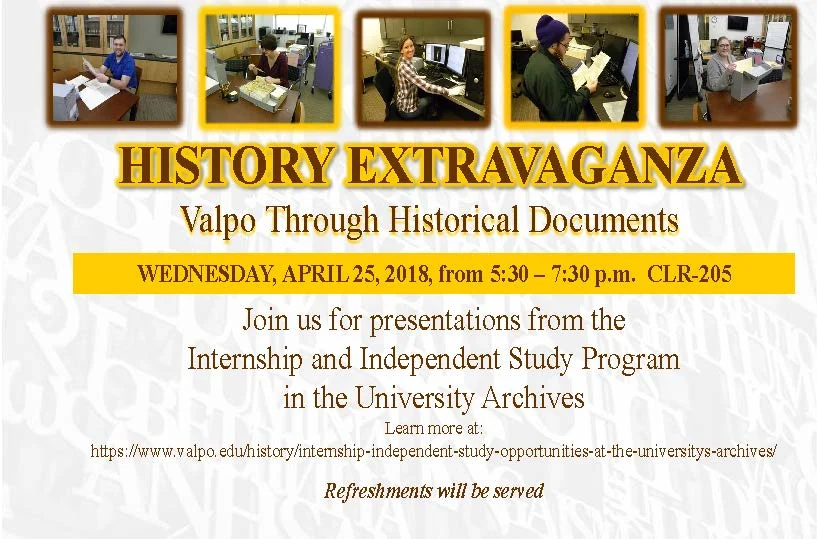 Event flyer for History Extravaganza, Spring 2018, featuring photos of students working in an archive along with event details and informative text.