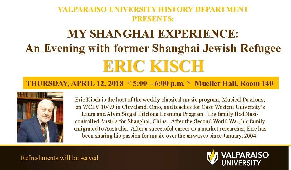 Event flyer for "My Shanghai Experience" with Eric Kisch, featuring event details and a small photo of Eric Kisch.