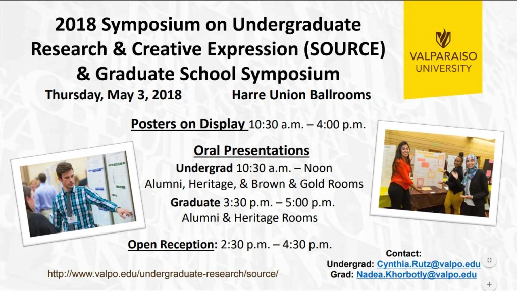 Flyer for the 2018 Symposium on Undergraduate Research & Creative Expression at Valparaiso University, featuring history students presenting their research display and innovative history research projects.