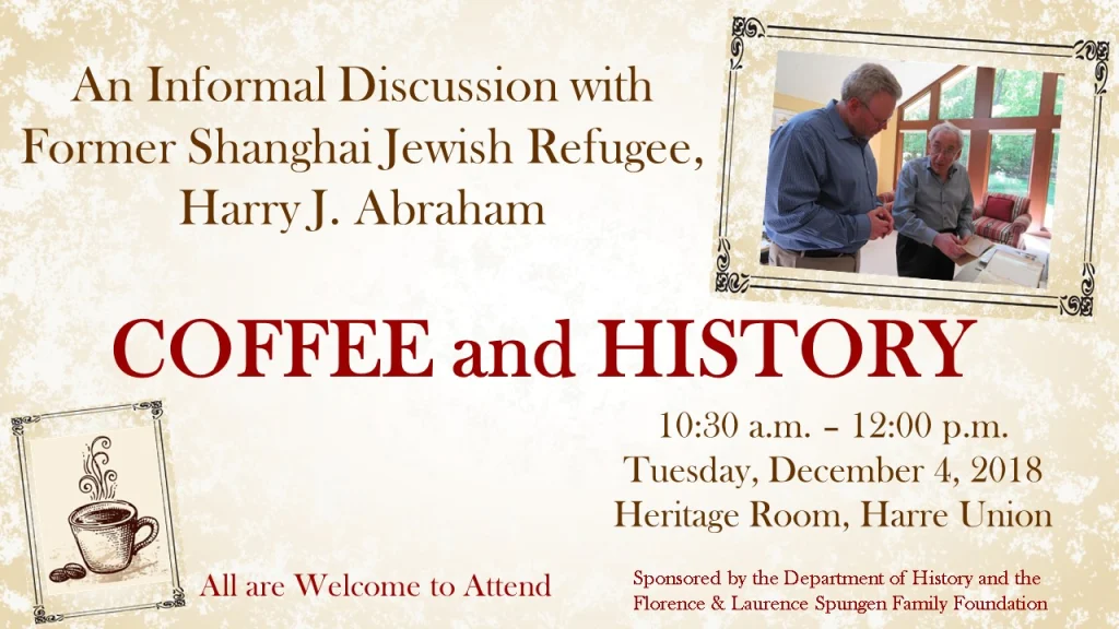 Event flyer for "Coffee and History," a discussion featuring former Shanghai Jewish refugee Harry Abraham.