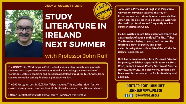 Promotional flyer to study literature in Ireland next summer, featuring Professor John Ruff’s photo and program details.