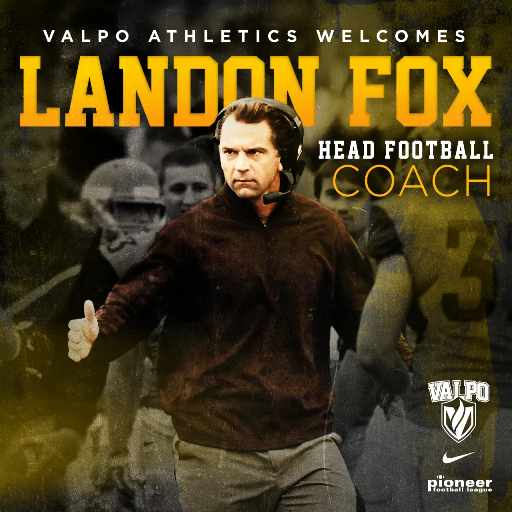 Coach Landon Fox wearing a headset on the football field, with text welcoming him as the new Valpo Football Head Coach.
