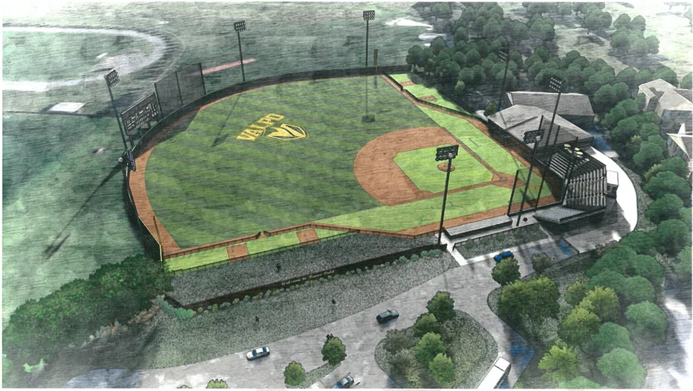 Aerial view illustration of Bauer Field with the "VANDY" logo in the center, surrounded by trees and roads, highlighting recent field renovation improvements.