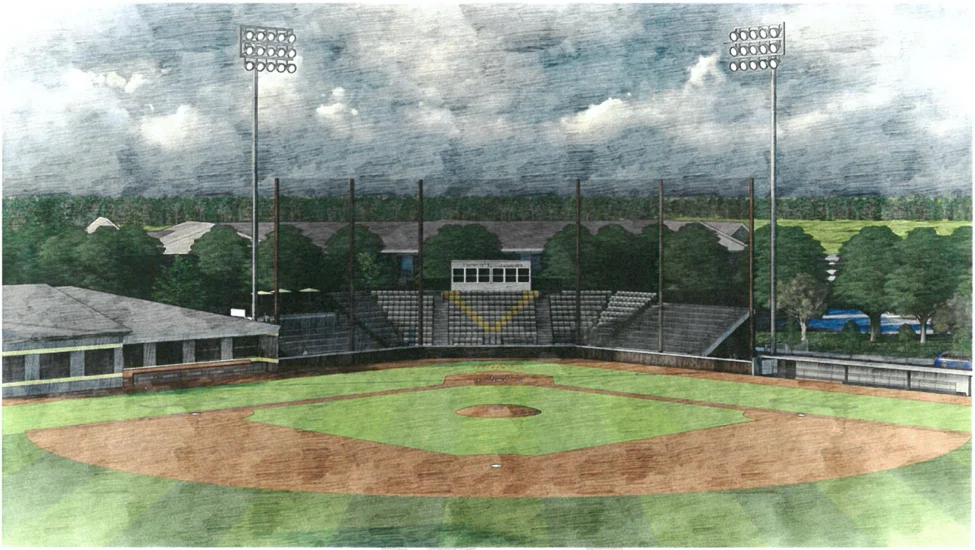 Rendering of an empty Bauer Field and stadium seats under cloudy skies, with trees and buildings in the background, highlighting the strong start of its recent renovation.