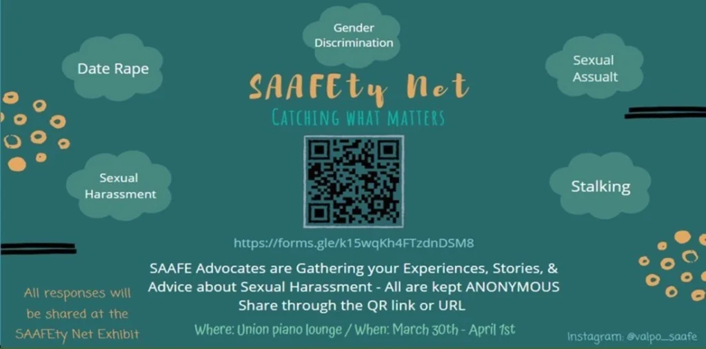 A teal flyer for SAAFETy Net seeks anonymous stories about harassment and discrimination; includes a QR code.