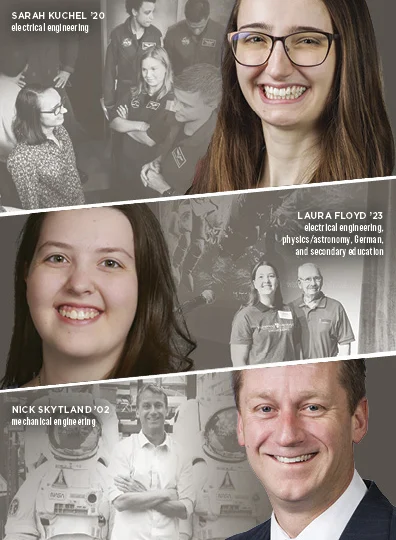 Three smiling Valpo students and alumni, each labeled with their names, graduation years, and engineering fields—even including a NASA engineer among them.