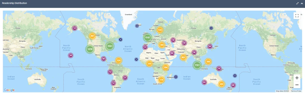 World map with colorful numbered markers showing regional reescalation distribution data for the Winter/Spring 2020 Edition of the Journal of Values Based Leadership.