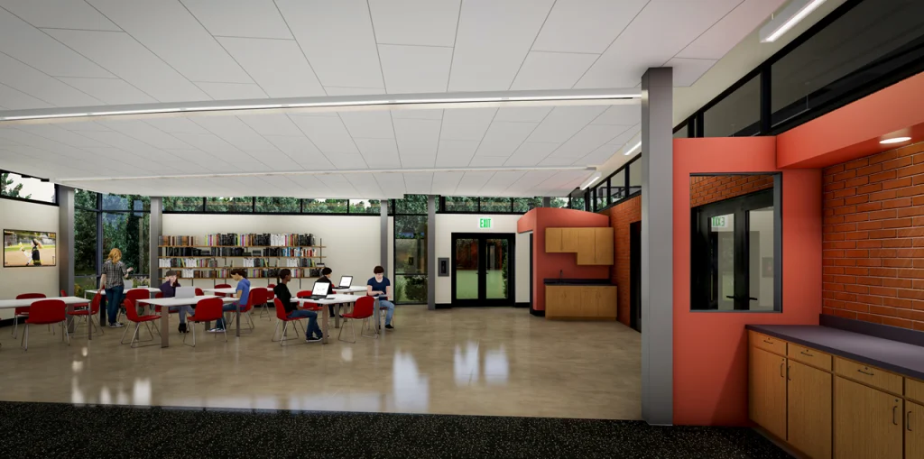 Modern library interior with red chairs, tables, bookshelves, and people reading or using laptops—like a home for bioengineers or those seeking a dedicated lab atmosphere.