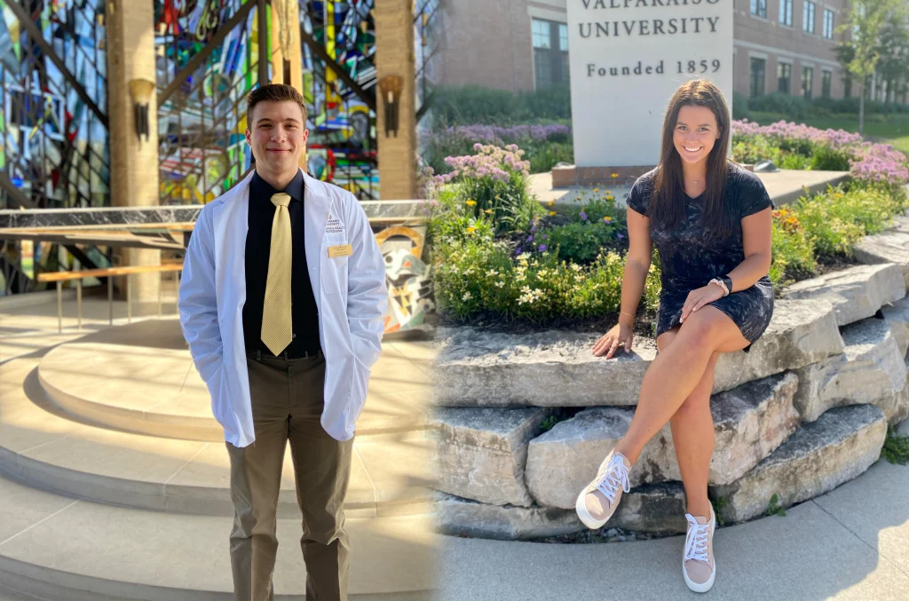 A man in a white coat stands indoors; outdoors, a woman sits by a Valparaiso University sign, embracing the promise of a flexible future.