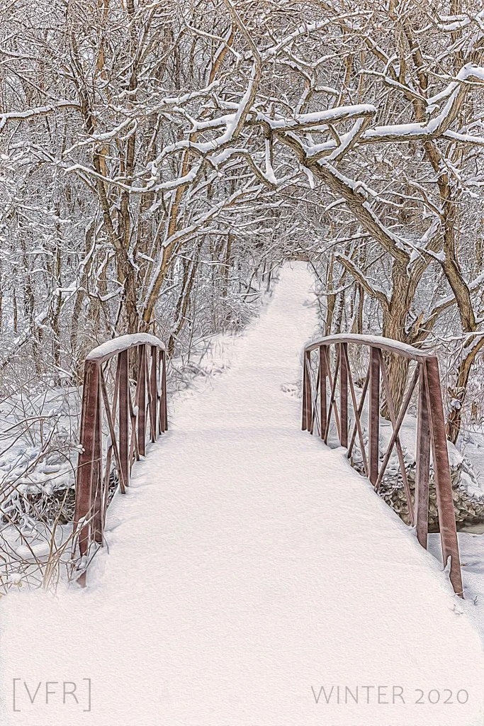A snow-covered bridge leads into a winter forest with leafless trees, all blanketed in snow—a scene reminiscent of the tales featured in Winter 2020 of Valparaiso Fiction Review.