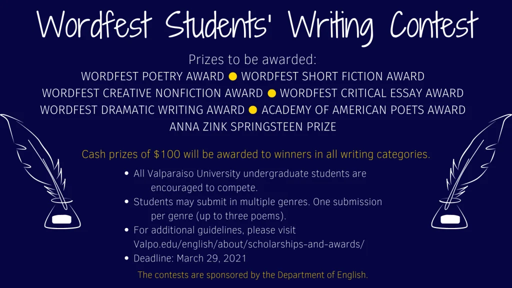 Poster for the Wordfest Students’ Writing Contest featuring Wordfest submissions info, prize details, and category listings.