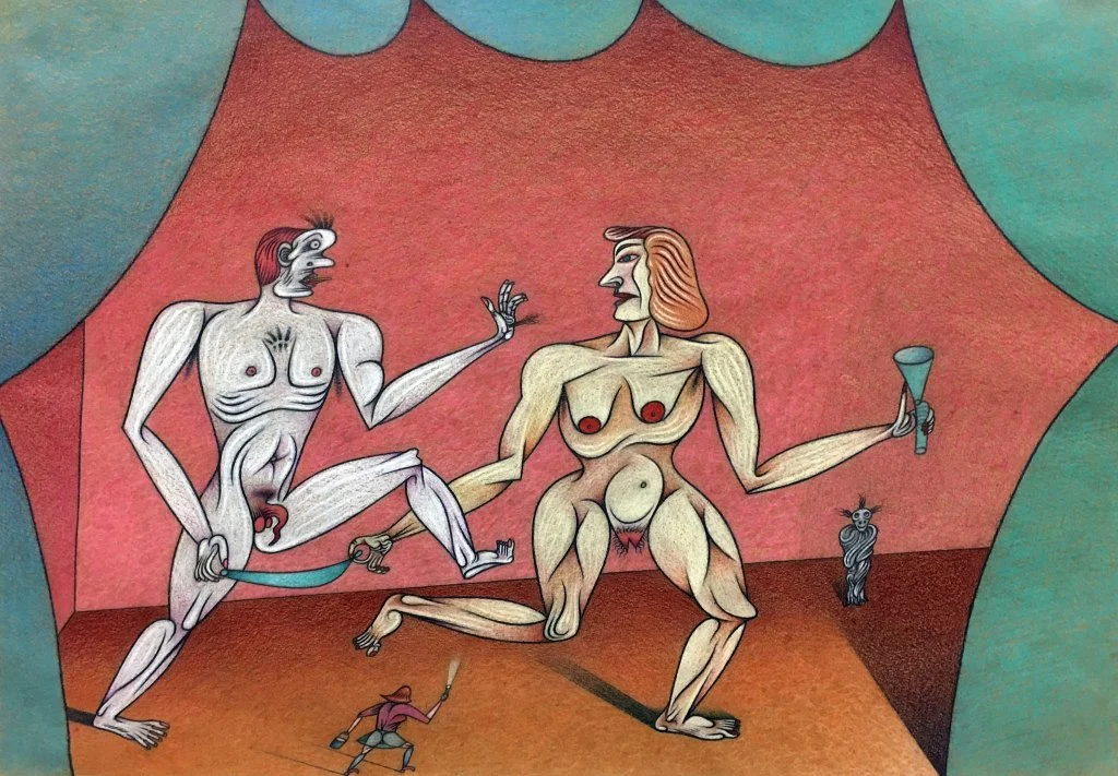 Two abstract, nude figures pose on a colorful stage with a small person and cat in the foreground, evoking the imaginative spirit of Valparaiso Poetry Review’s Fall/Winter 2020-2021 poetry magazine.