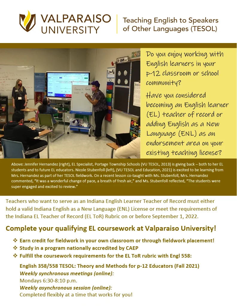 Valparaiso TESOL Program flyer featuring course info, eligibility, National Recognition highlights, and a woman helping students in a classroom.