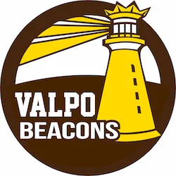 Logo of Valpo Beacons, the new nickname for Valparaiso University, featuring a yellow lighthouse emitting light on a brown circular background.