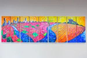 Colorful mural of a cityscape and farmland divided by a river under a bright yellow sky, painted on eight panels—an inspiring scene perfect for sparking college advice or sharing freshman year tips.