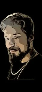 Stylized cartoon portrait of a man with a beard, mustache, and necklace on a black background, celebrating Hispanic Heritage.