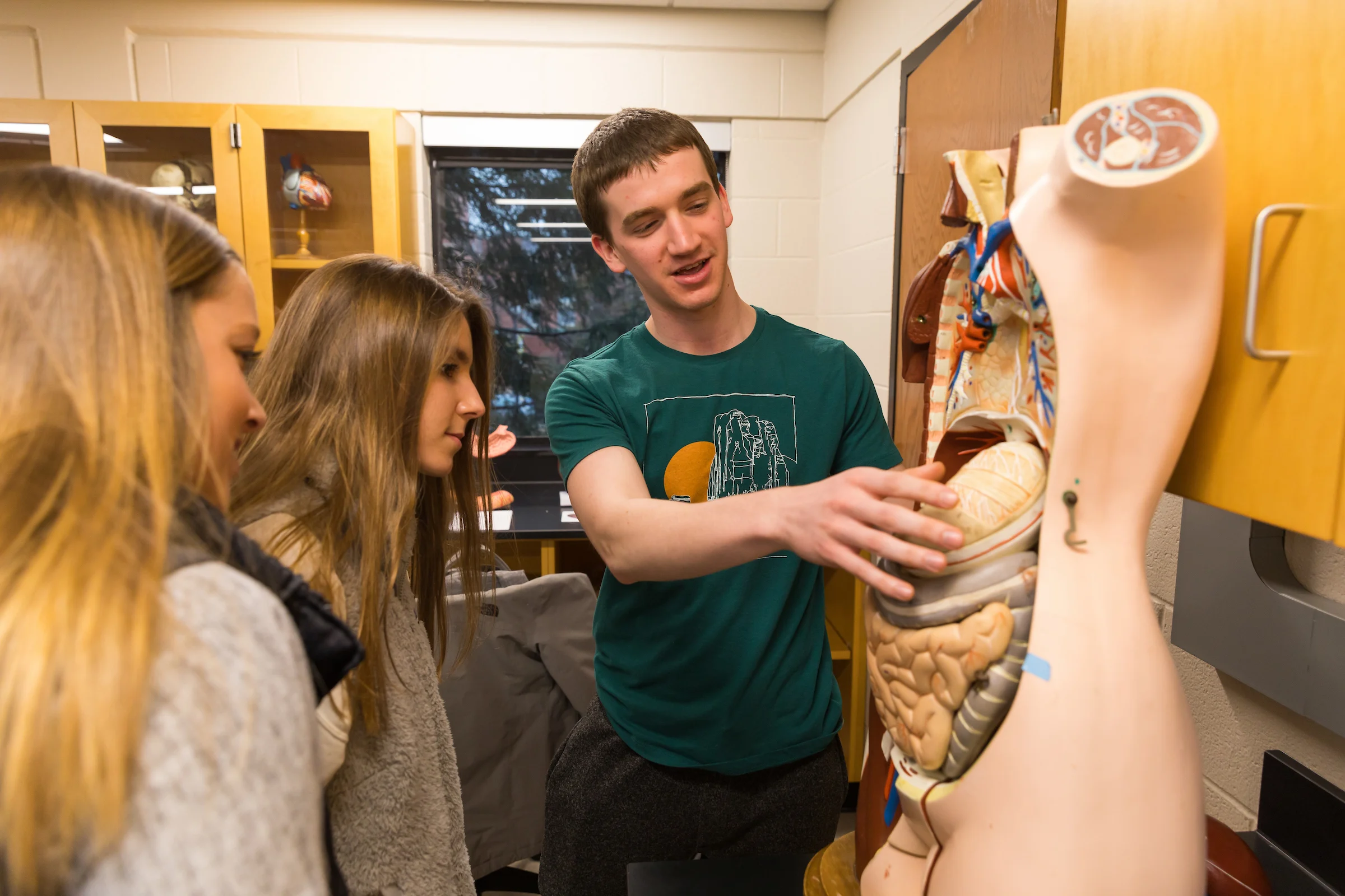 A student shows two others the organs on a human anatomy model in a classroom setting, highlighting their importance in public health.