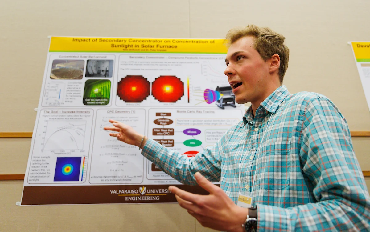 A student presents research on solar furnaces in front of a scientific poster at the Symposium on Undergraduate Research and Creative Expression.