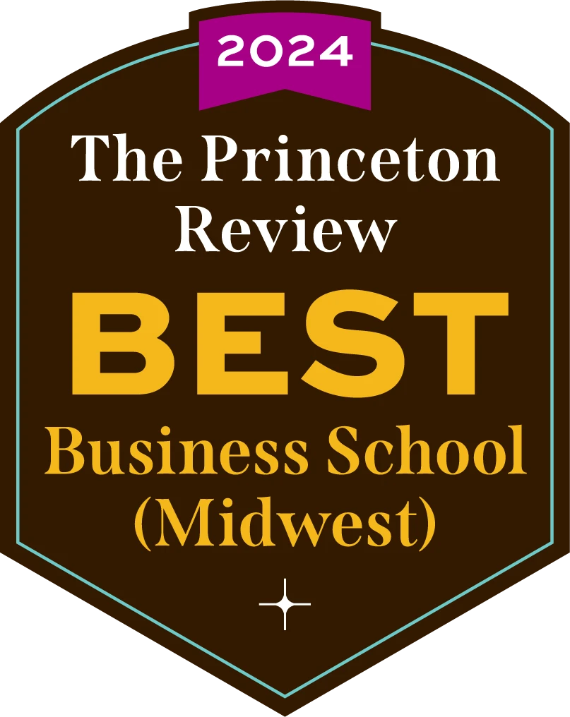 A badge reading "2024 The Princeton Review Best Business School (Midwest)" highlights a top Midwest MBA program on a dark background.