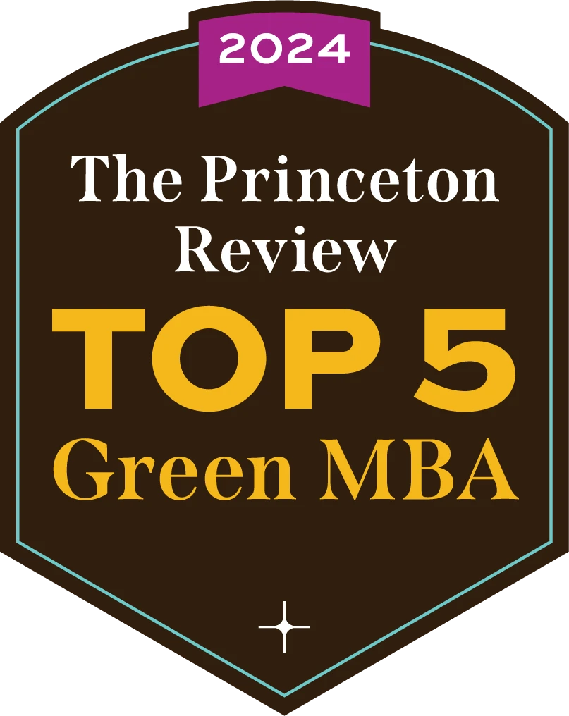 Badge reading "2024 The Princeton Review TOP 5 Green MBA" in bold white and yellow text on a dark shield, highlighting excellence in MBA sustainability.