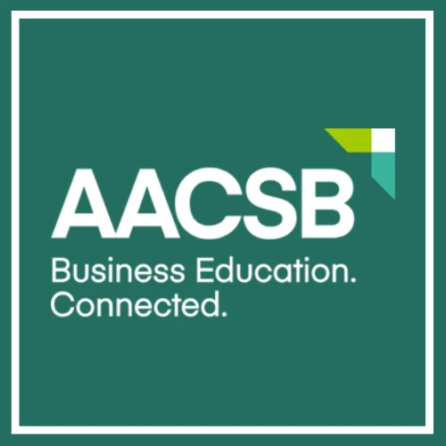 AACSB logo with the text "Business Education. Connected." on a green background, highlighting its commitment to high-quality MBA programs.