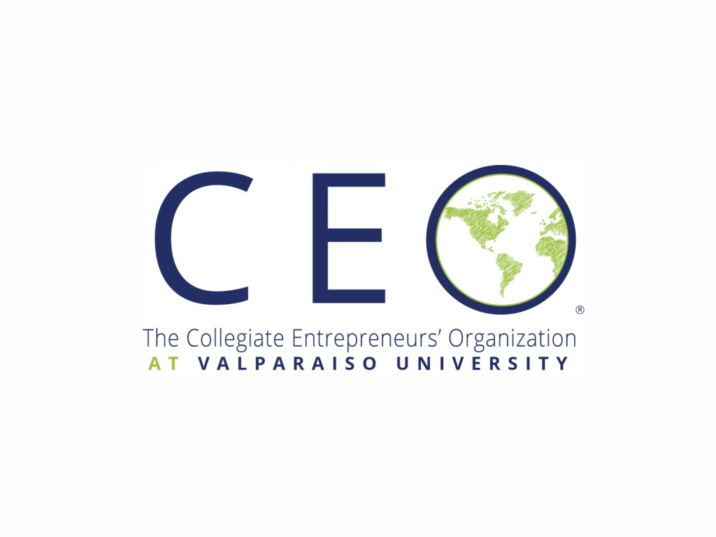 Logo for the Collegiate Entrepreneurs’ Organization at Valparaiso University, featuring a globe in the "O," representing global opportunities and student resources for aspiring entrepreneurs.