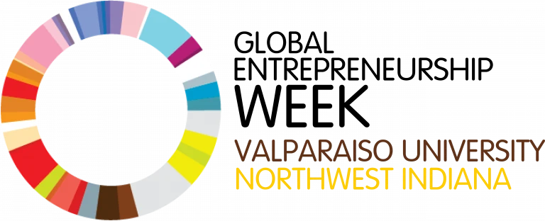Colorful segmented ring with "Valparaiso University Northwest Indiana" text in brown and yellow on a white background, celebrating Global Entrepreneurship Week.