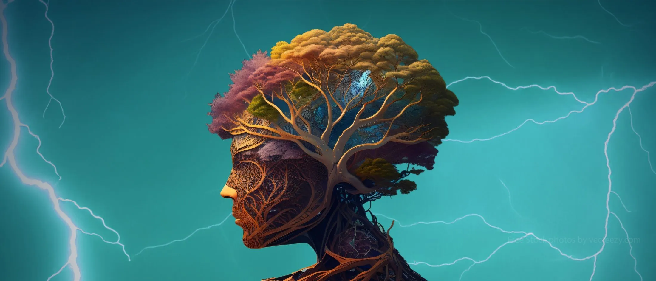 A profile of a person with trees and branches forming their hair against a teal background with lightning, symbolizing growth and resilience found through trauma-informed care or graduate certificates in mental health.