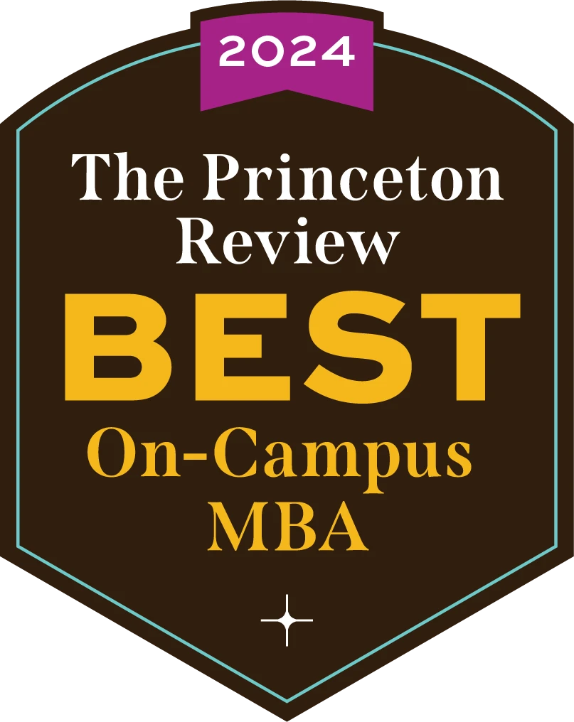 A badge reading "2024 The Princeton Review Best On-Campus MBA" in gold and white text on a dark background highlights top achievements in MBA programs.