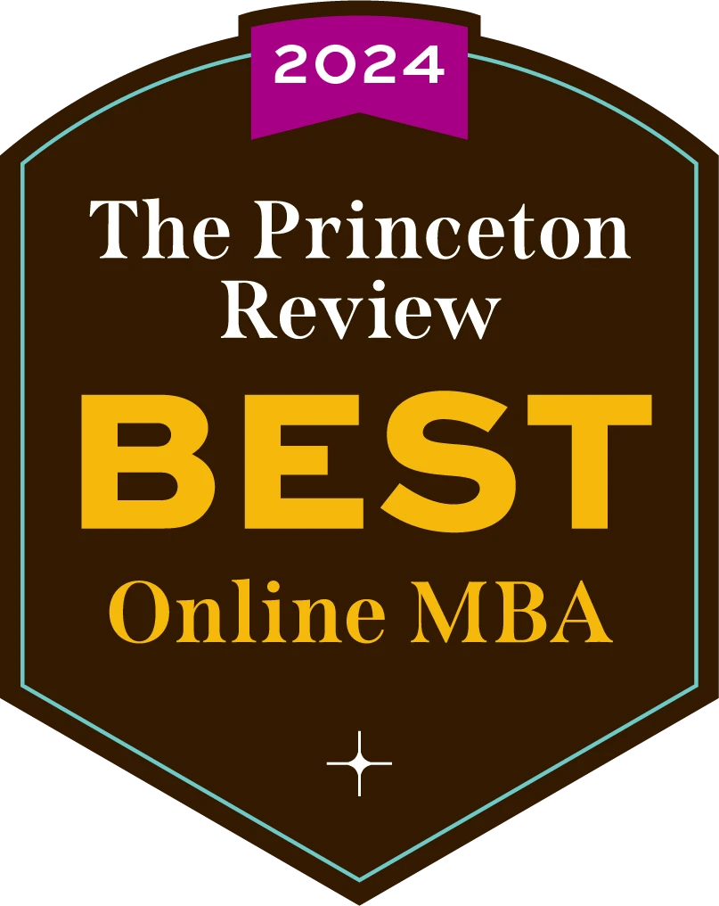 A badge reading "2024 The Princeton Review BEST Online MBA" on a dark background highlights top-rated MBA excellence.