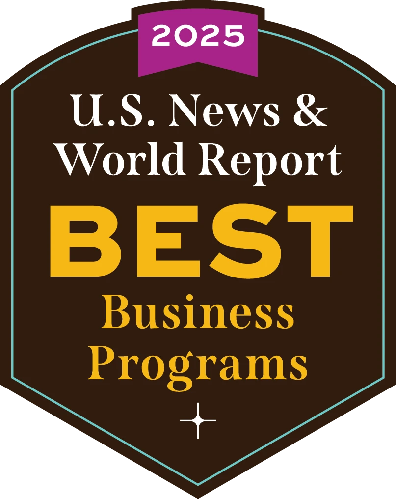 2025 U.S. News & World Report Best MBA Business Programs badge in black, gold, and purple.