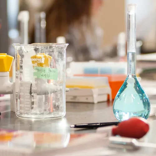 A beaker filled with ice and a labeled flask containing blue liquid are on a laboratory table, showcasing Mara Paterson’s chemistry setup with scientific equipment in the background.