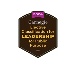 About the badge: "2024 Carnegie Elective Classification for Leadership for Public Purpose" displayed on a dark background.