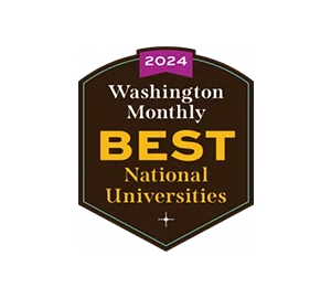 About: A badge reading "2024 Washington Monthly Best National Universities" is displayed on a dark background.