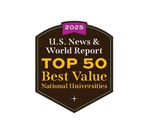 About: A badge reading "2025 U.S. News & World Report Top 50 Best Value National Universities.