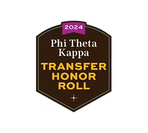 About the 2024 Phi Theta Kappa Transfer Honor Roll badge: gold text shines on a dark shield background.