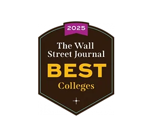 About: A badge reading "2025 The Wall Street Journal Best Colleges" on a dark background.