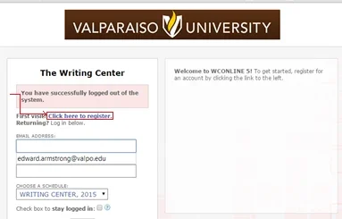 Valparaiso University Writing Center logout page with registration, login options, and quick links to FAQ, Policies, and Appointments.