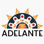 A stylized sun and Aztec motif above the word “ADELANTE” in bold black letters, symbolizing resources and support.