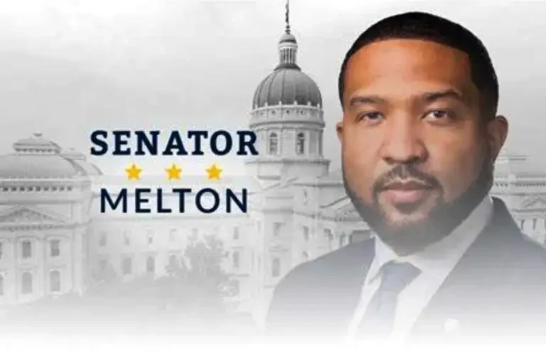 Portrait of a man in a suit labeled "Senator Melton" with a government building in the background.